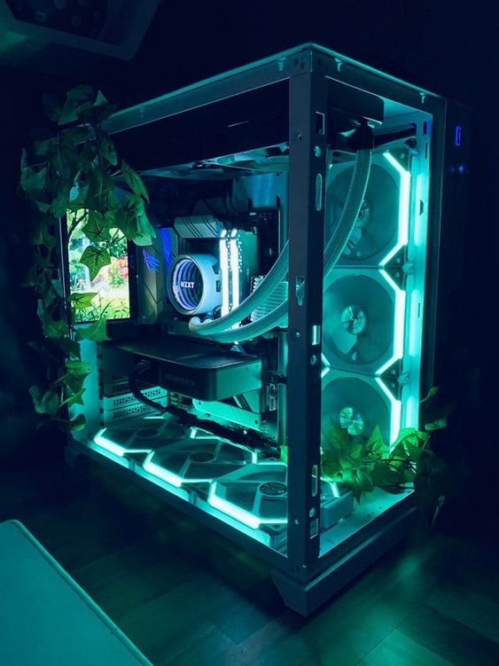 White NZXT Prebuilt PC Gaming Setup with Greenery, RGB, and Glass Case